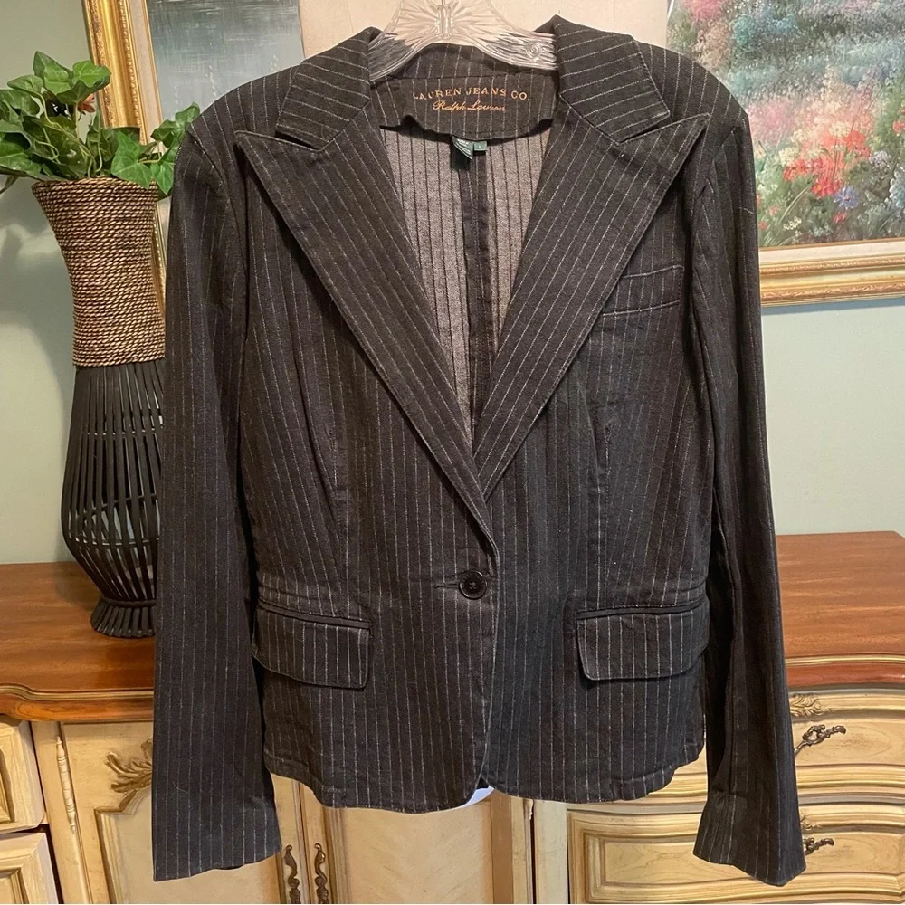 Ralph Lauren Jeans Co Black Denim Pinstrip Jacket Blazer Large NEW NWOT - Picture 1 of 11